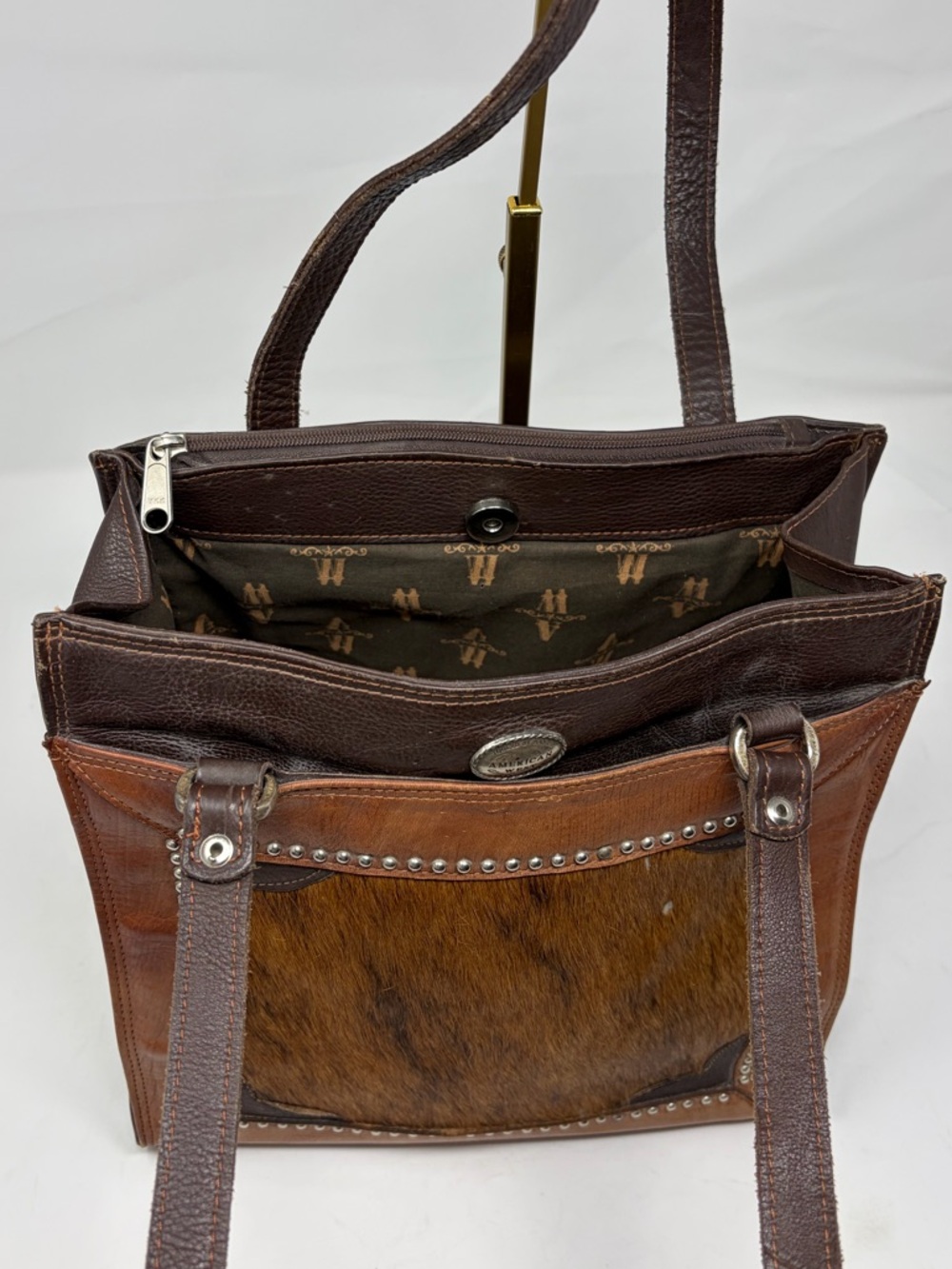 American West Leather Hair On Hide Tote Western Purse Studded Brown Bag